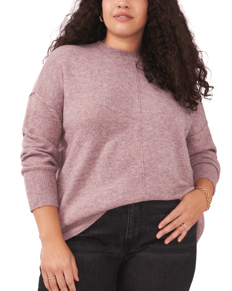 Front of a model wearing a size 1X Carrie Cozy Sweater in HEATHER PURPLE by Vince Camuto. | dia_product_style_image_id:261060